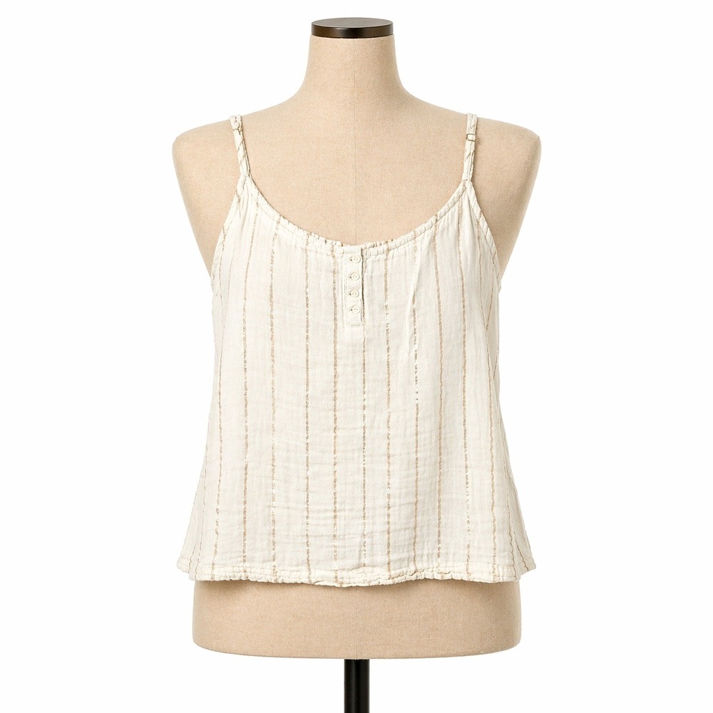 Gold Pinstripe Cotton Gauze Henley Cami Tank Size L Cream Boho Coastal Festival‎